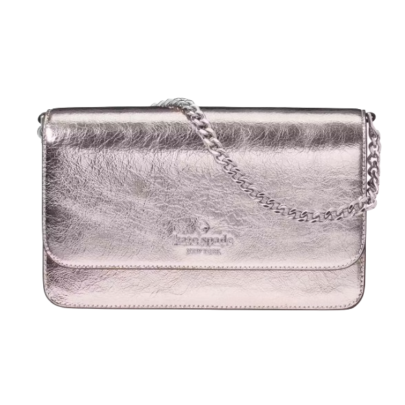 Metallic shoulder bag with a chain strap and embossed logo.