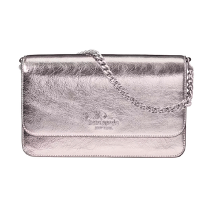 Metallic shoulder bag with a chain strap and embossed logo.