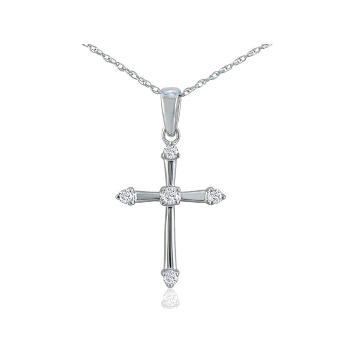A silver cross pendant necklace with cubic zirconia accents, featuring a fine chain and simple bail design.