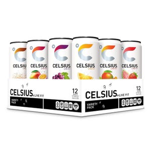 12-pack of CELSIUS energy drinks in a variety pack, featuring flavors like orange, grape, and strawberry. Cans display the \“Live Fit\“ slogan and icons indicating no sugar, gluten-free, kosher, non-GMO, and vegan.
