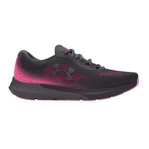 Under Armour Charged Rogue Shoes feature a sleek design with a gray and pink color scheme, showcasing a breathable mesh upper and a sturdy sole for support and cushioning.