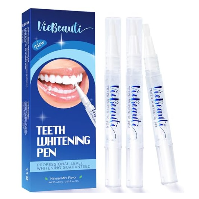 3-pack of VieBeauti Teeth Whitening Pens, designed for professional level whitening with a natural mint flavor, as indicated on the blue packaging showing the application process on teeth.
