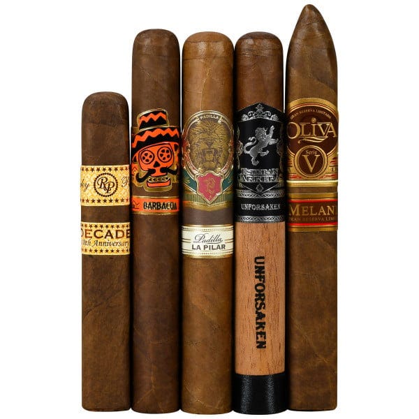 A collection of five cigars with distinct labels: Rocky Patel Decade, Barba Roja, Padilla La Pilar, Diesel Unforsaken, and Oliva Serie V.