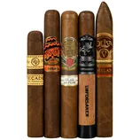 A collection of five cigars with distinct labels: Rocky Patel Decade, Barba Roja, Padilla La Pilar, Diesel Unforsaken, and Oliva Serie V.