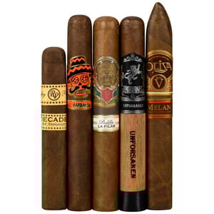 A collection of five cigars with distinct labels: Rocky Patel Decade, Barba Roja, Padilla La Pilar, Diesel Unforsaken, and Oliva Serie V.
