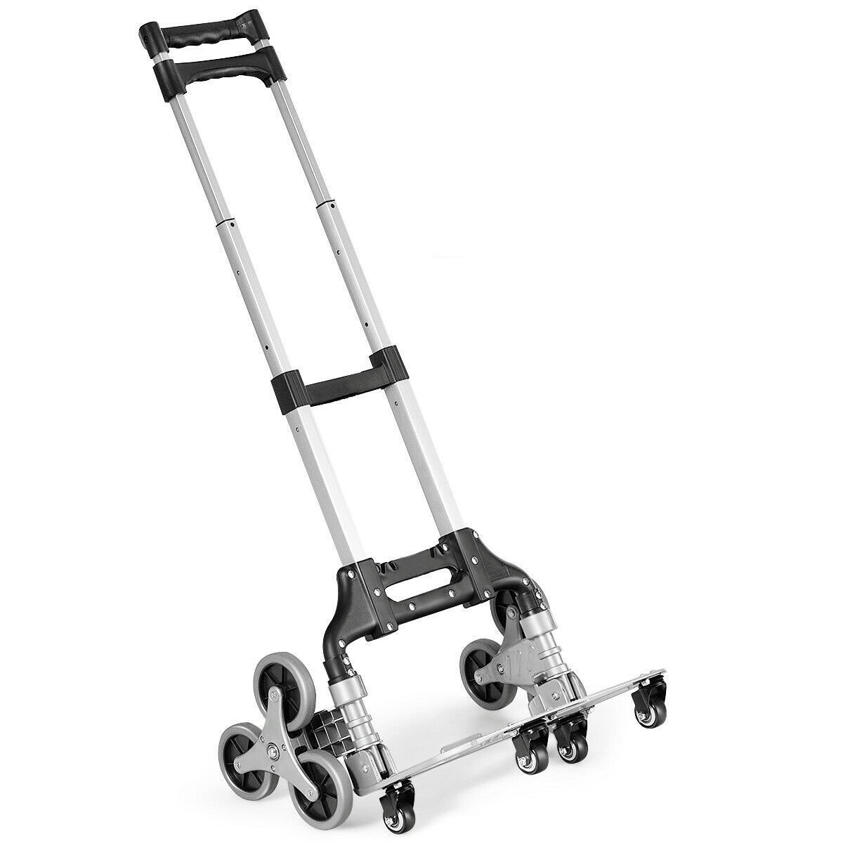 A folding hand truck with a telescopic handle and six wheels, designed for easy stair climbing and transport of heavy items.
