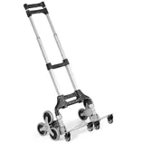 A folding hand truck with a telescopic handle and six wheels, designed for easy stair climbing and transport of heavy items.