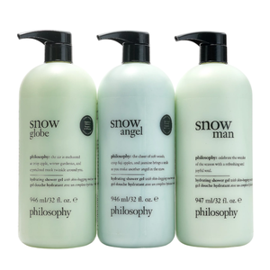 Three Philosophy hydrating shower gels: Snow Globe, Snow Angel, and Snow Man, each in 946/947 ml (32 fl. oz.) bottles with descriptions emphasizing seasonal scents like crisp apple, winter gardenias, and jasmine.