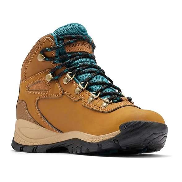 Brown hiking boot with teal mesh accents, durable rubber sole, and metal eyelets for laces, designed for outdoor use.