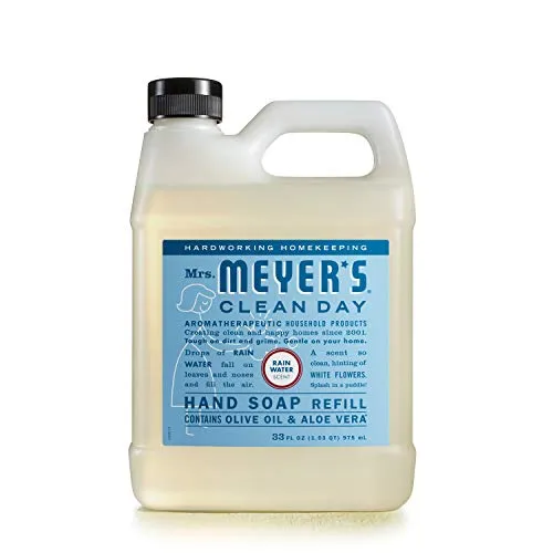 Mrs. Meyer's Clean Day Hand Soap Refill, Rain Water scent, 33 fl oz, contains olive oil and aloe vera.