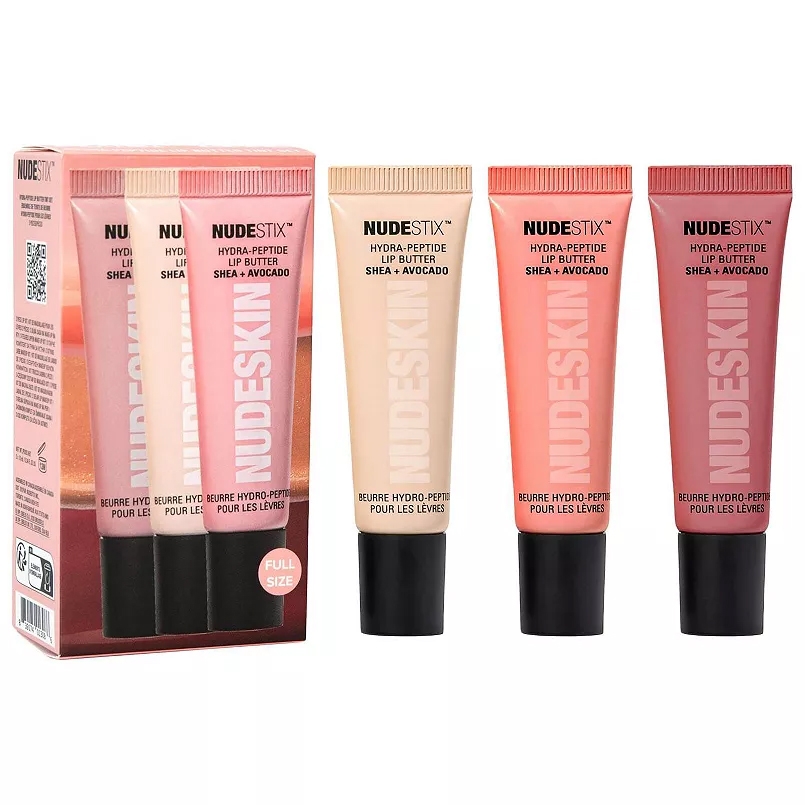 Four NUDESTIX Hydra-Peptide Lip Butter tubes in varying shades, featuring shea and avocado, are displayed alongside their packaging.