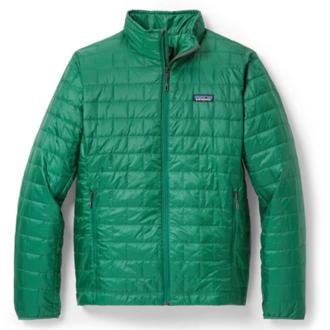 Green quilted jacket with a stand-up collar and zippered front closure.