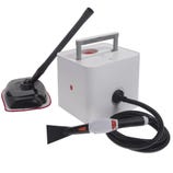 A white steam cleaner with attachments, including a floor nozzle and a hose with a handheld tool, designed for various cleaning tasks.