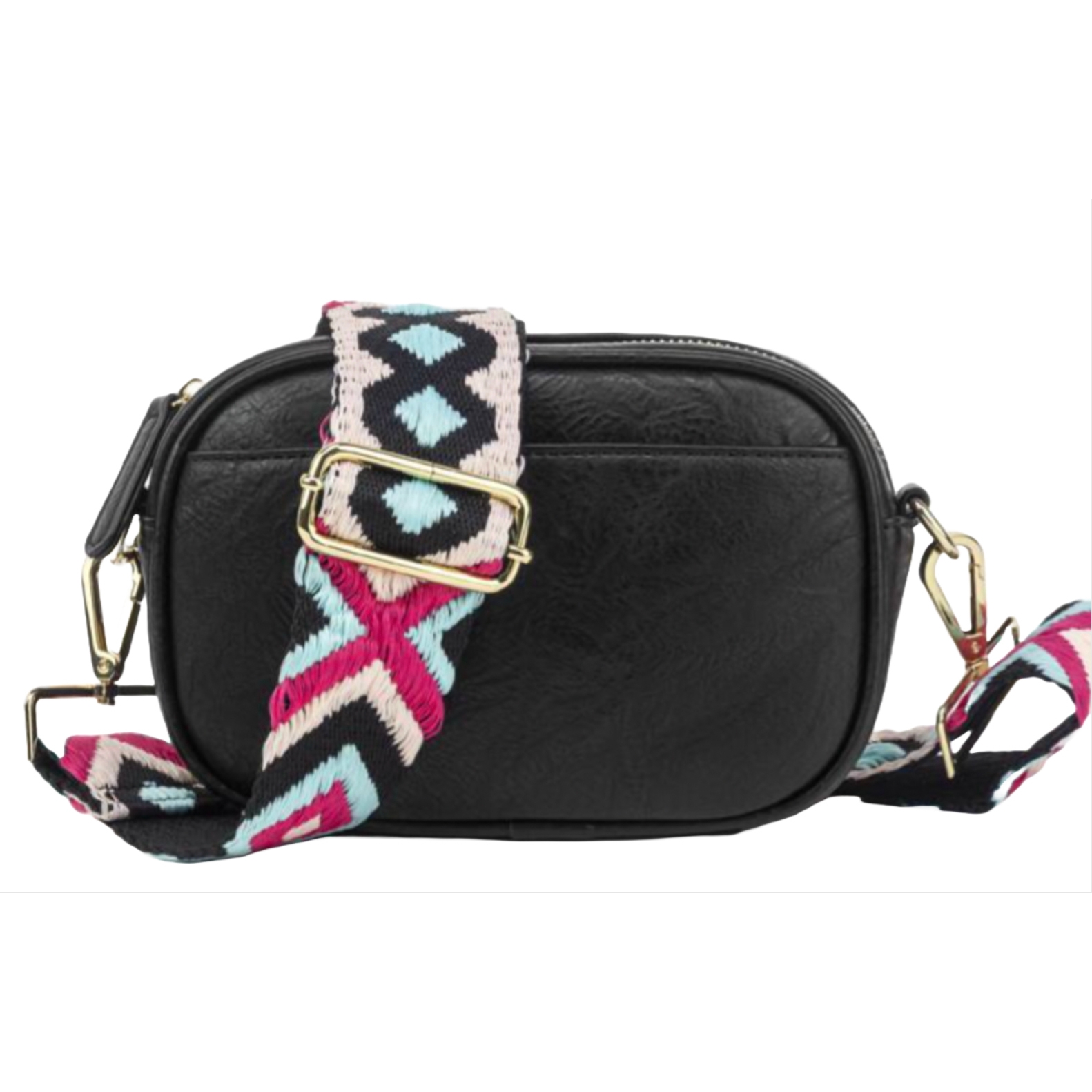 Black crossbody bag with a colorful geometric-patterned strap featuring pink, blue, and black. Gold-tone hardware and a compact design.