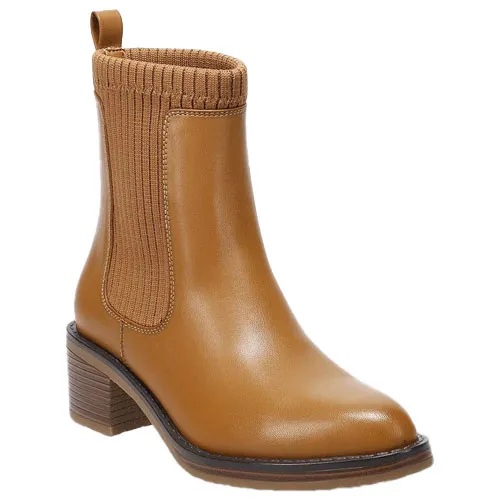 Tan ankle boot with a ribbed knit cuff and block heel.
