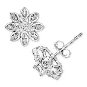 Diamond Flower Cluster Earrings are elegant studs featuring a floral design with sparkling diamond clusters set in a polished silver-tone metal, secured with a post back.