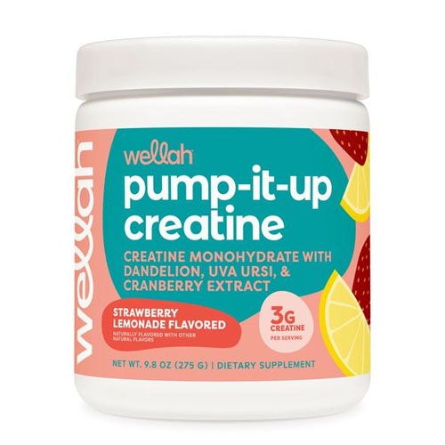 Wellah Pump-It-Up Creatine, strawberry lemonade flavored, contains creatine monohydrate with dandelion, uva ursi, and cranberry extract; 3g creatine per serving. Net weight: 9.8 oz (275 g).