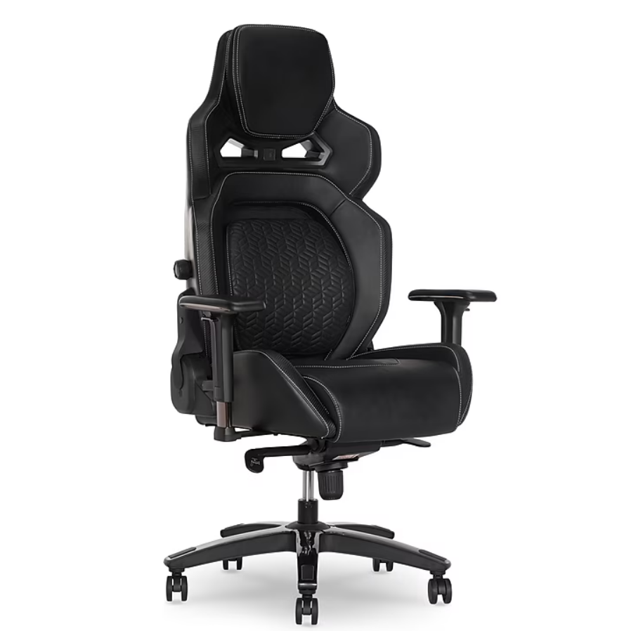 Black ergonomic gaming chair with adjustable armrests and a high backrest, featuring a textured seat and stitching details.