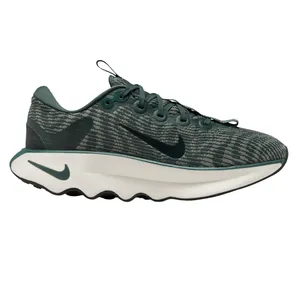 A dark green athletic sneaker with a wavy white sole and a patterned upper featuring a prominent swoosh logo.