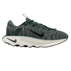 A dark green athletic sneaker with a wavy white sole and a patterned upper featuring a prominent swoosh logo.