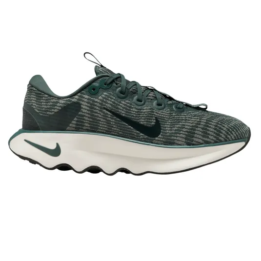 A dark green athletic sneaker with a wavy white sole and a patterned upper featuring a prominent swoosh logo.