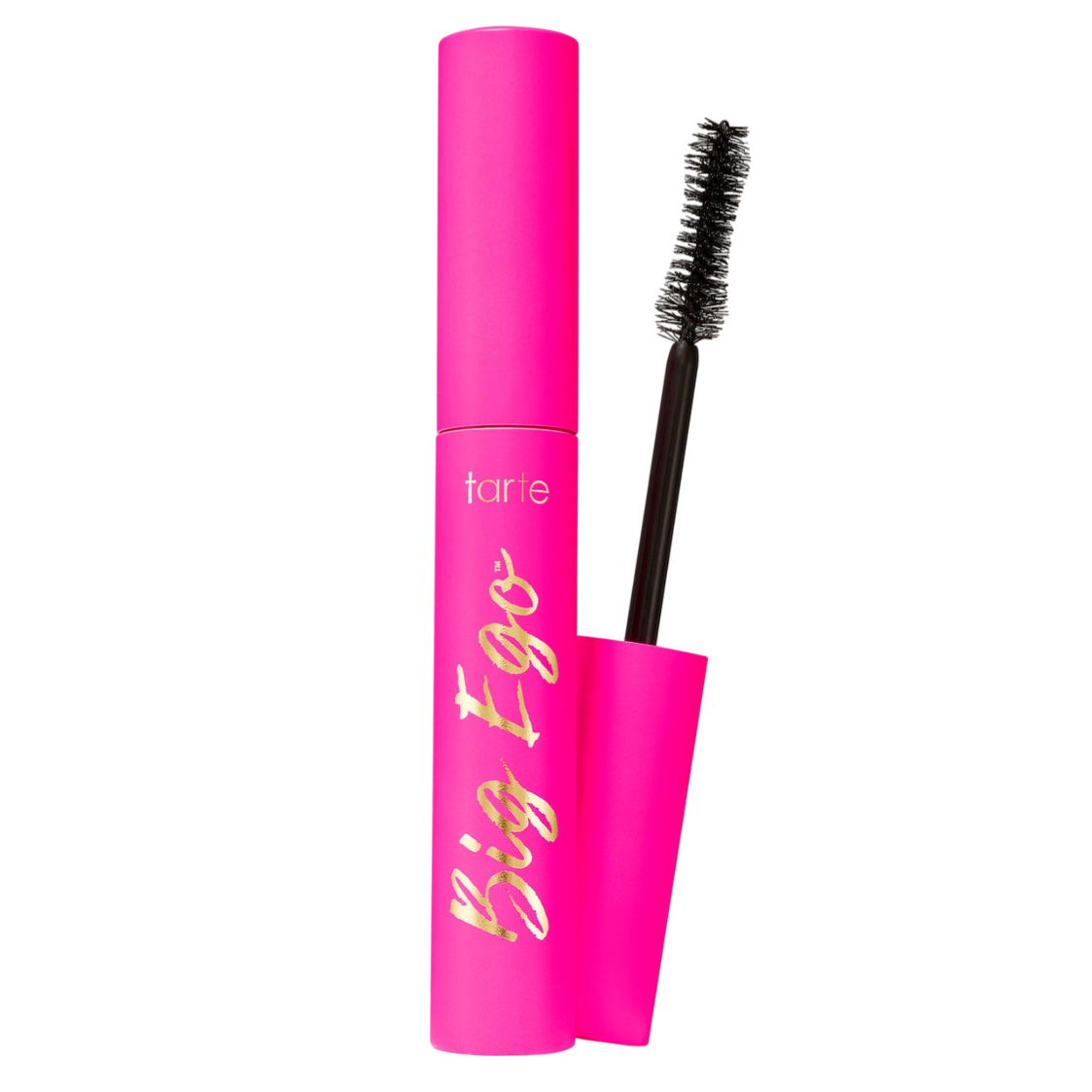 Bright pink tube of Tarte Big Ego mascara with a black bristle wand, featuring gold lettering.