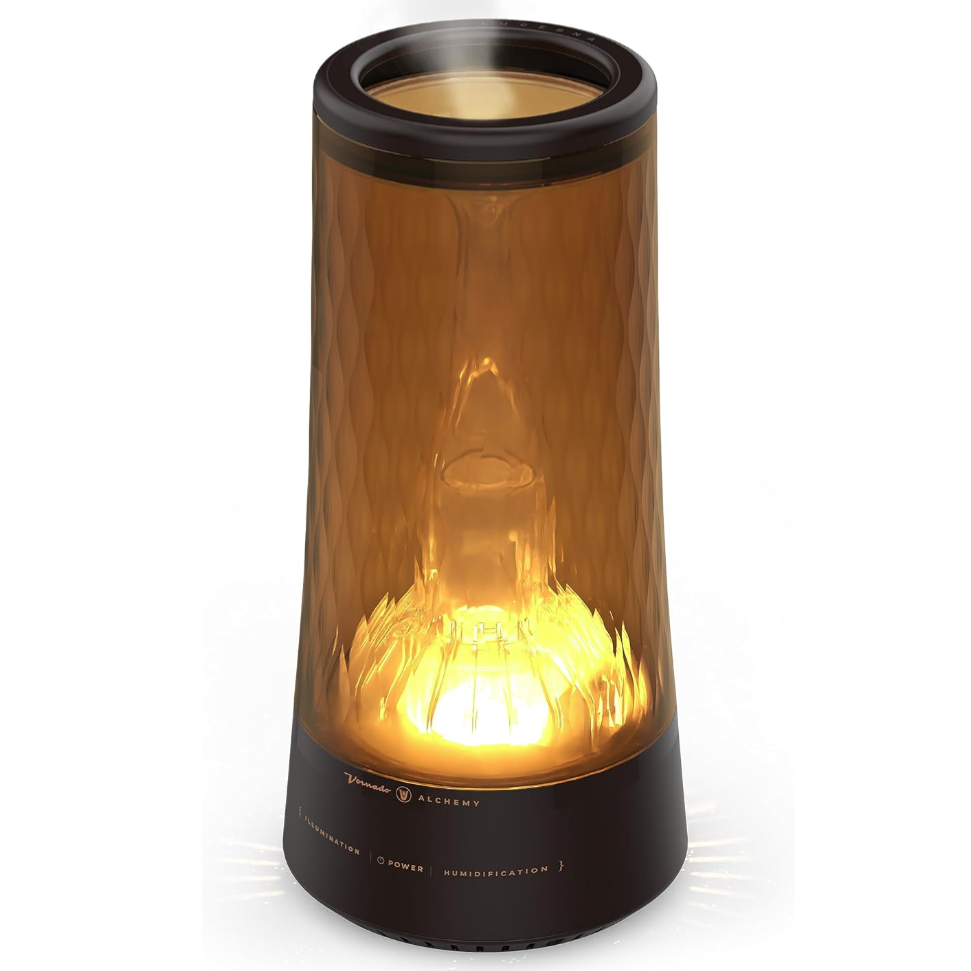 A stylish amber glass cylinder humidifier with integrated illumination, featuring controls for illumination, power, and humidification on its black base.