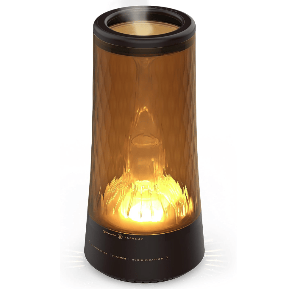 A stylish amber glass cylinder humidifier with integrated illumination, featuring controls for illumination, power, and humidification on its black base.
