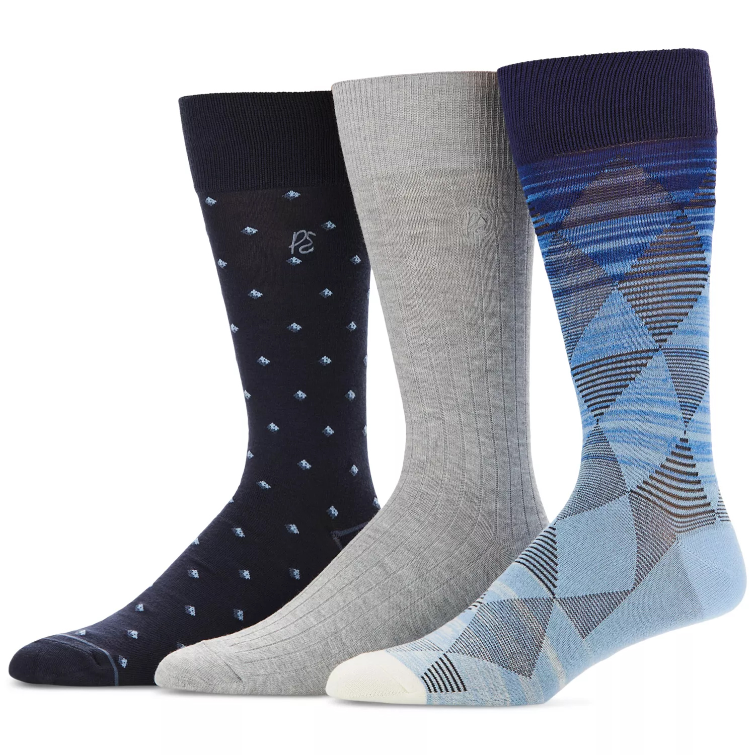 Three pairs of men's dress socks: one with a navy blue pattern, one solid gray, and one in a blue argyle design.
