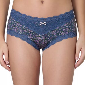 Blue lace-trimmed floral underwear with a small bow on the waistband.