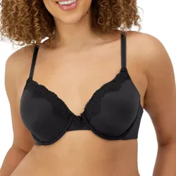 A woman is wearing a black lace-trimmed bra with thin straps. The bra features underwired cups for support and a smooth, elegant design.