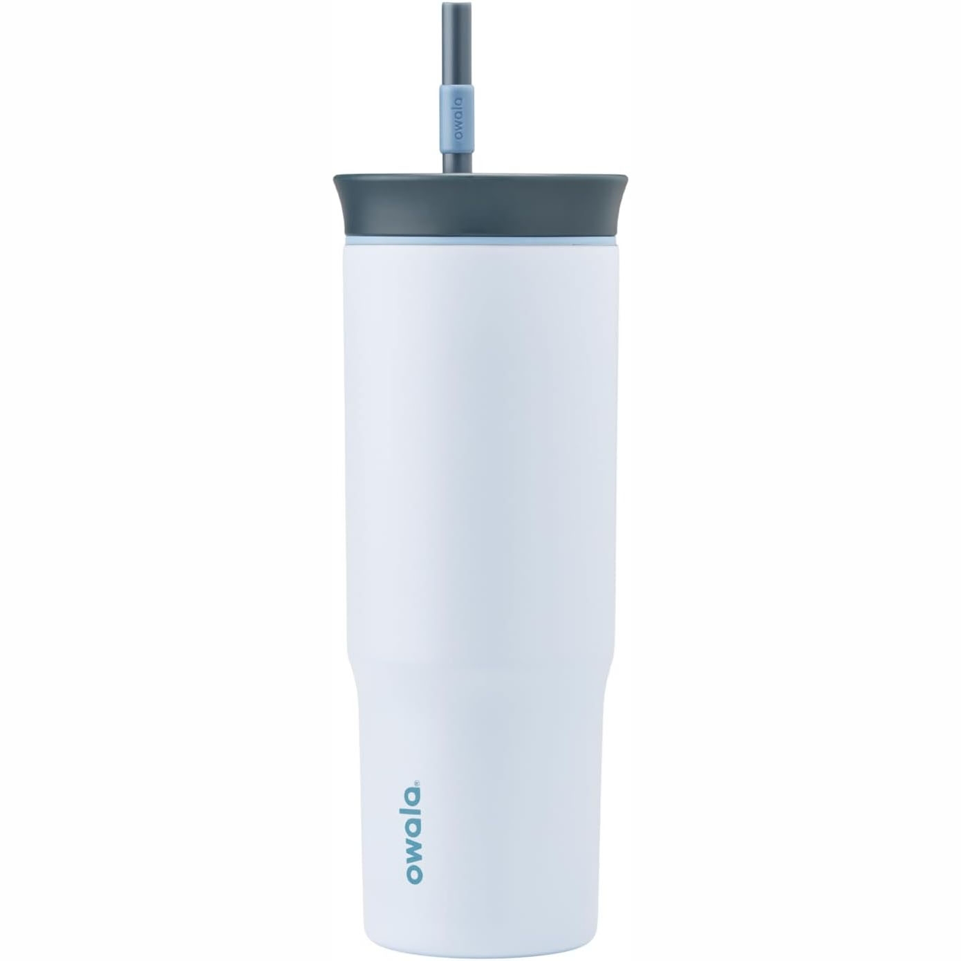 The Owala Straw Tumbler features a sleek, tall design with a detachable straw and a contrasting dark lid. The brand name is printed vertically near the base.