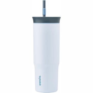 The Owala Straw Tumbler features a sleek, tall design with a detachable straw and a contrasting dark lid. The brand name is printed vertically near the base.