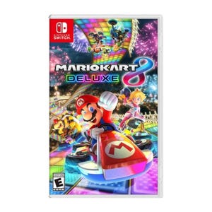 The cover shows Mario and other characters racing in karts, highlighting the action-packed gameplay of \“Mario Kart 8 Deluxe\“ for the Nintendo Switch.
