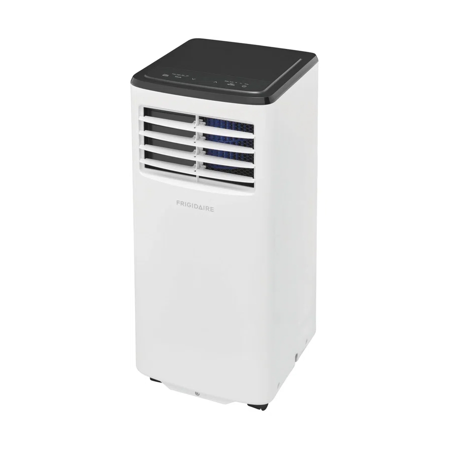A Frigidaire portable air conditioner in white with a compact, rectangular design featuring a black top panel for controls and adjustable front vents for airflow.