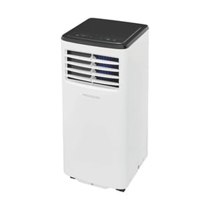 A Frigidaire portable air conditioner in white with a compact, rectangular design featuring a black top panel for controls and adjustable front vents for airflow.