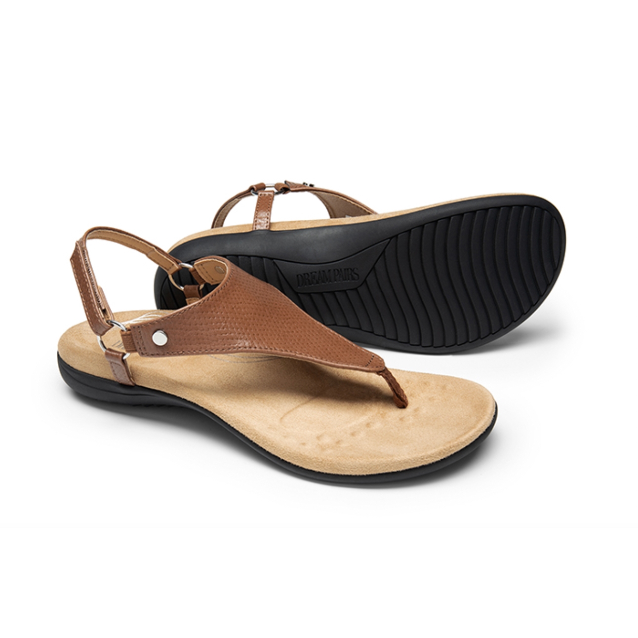 Brown sandals with a thong strap and cushioned beige footbed, featuring an adjustable ankle strap and textured rubber sole.