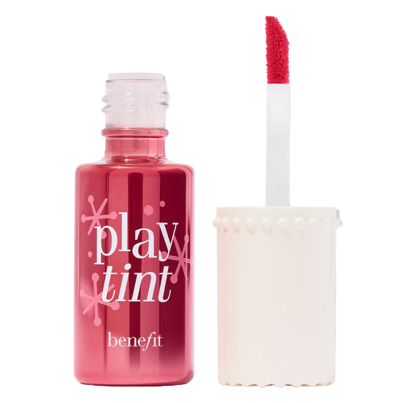 Benefit Play Tint, a lip and cheek stain, shown with its applicator, features a bright pink color.