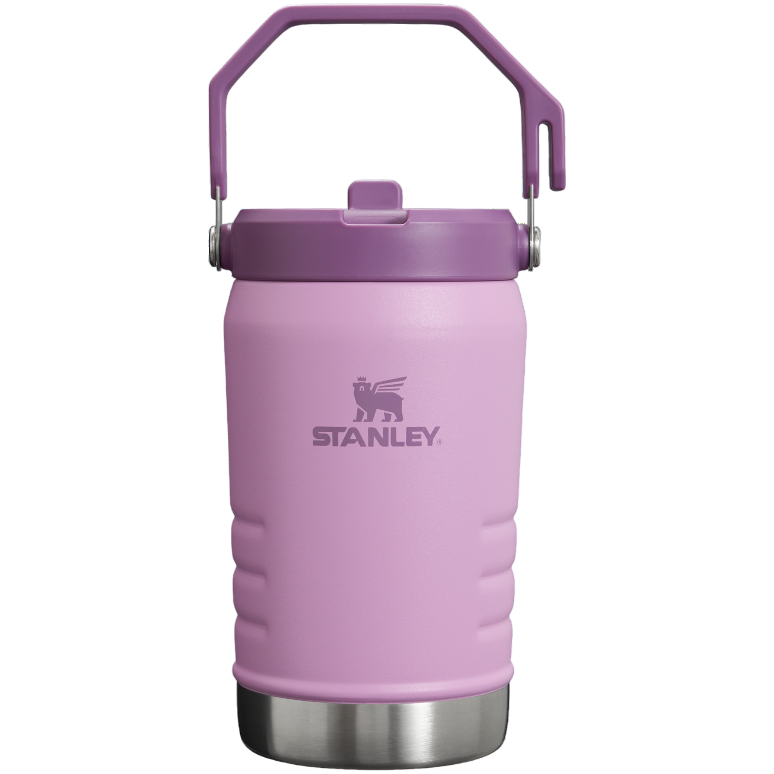Purple Stanley canister with a handle and a stainless steel base, featuring the Stanley logo.