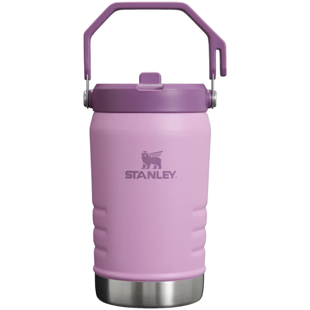 Purple Stanley canister with a handle and a stainless steel base, featuring the Stanley logo.