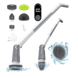 5pc Electric Spin Scrubber with extendable handle, features multiple brush heads for cleaning, a digital power display, USB charging cable, wall hook, and efficient for various surfaces.