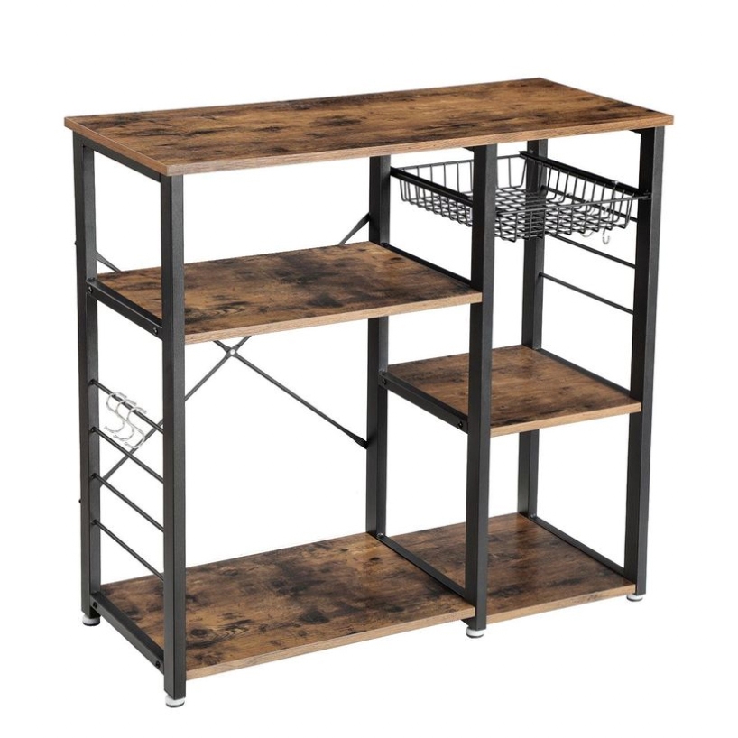 A rustic-style kitchen baker's rack with a metal frame and wooden shelves, featuring a wire basket and hooks on the side for additional storage.