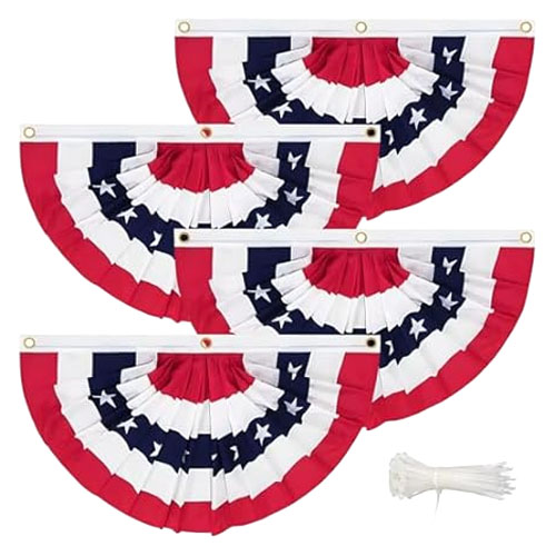 Set of patriotic bunting flags with red, white, and blue stripes and stars, featuring included zip ties for hanging.