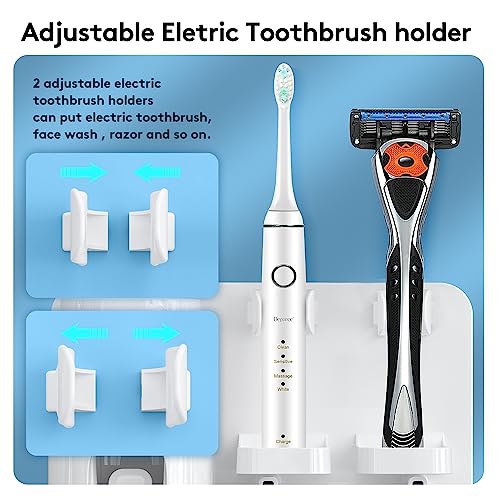 An adjustable electric toothbrush holder with two slots for toothbrushes and additional space for other hygiene items, such as a face wash or razor, is presented.
