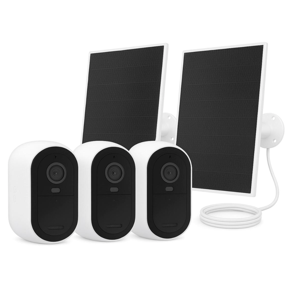 A set of three security cameras and two solar panels, designed for outdoor surveillance with solar power capability. The cameras are compact with black and white casing.