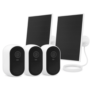 A set of three security cameras and two solar panels, designed for outdoor surveillance with solar power capability. The cameras are compact with black and white casing.