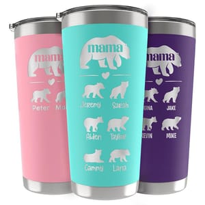 Three tumblers in pastel colors (pink, teal, purple) feature a \“mama bear\“ design with smaller bear icons and personalized names etched below each bear.