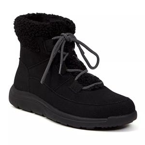 Black ankle boots with faux shearling collar and textured fabric. Features reflective laces and cushioned sole for comfort.