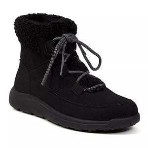 Black ankle boots with faux shearling collar and textured fabric. Features reflective laces and cushioned sole for comfort.