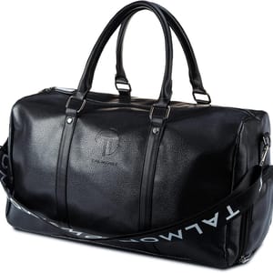 Black leather duffel bag with dual handles and an adjustable shoulder strap, featuring a subtle embossed logo and a detachable strap with \“TALMONT\“ branding.